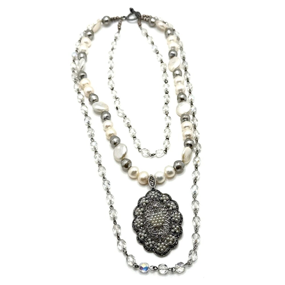 Vintage NF 925 Sterling Silver Genuine Pearl Marcasite Pendant Necklace 12.5"